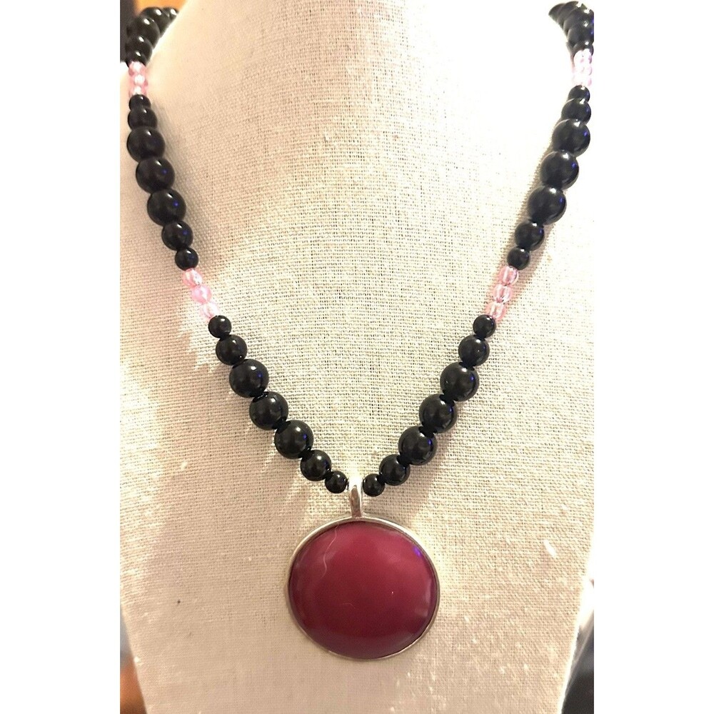 Vintage Black Acrylic Beaded Necklace Pink Lucite Cabochon Pendant